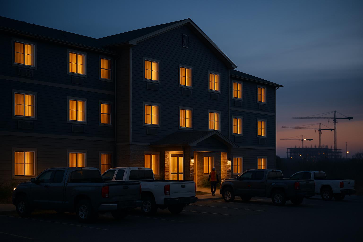 Extended-stay crew lodge at dusk with work trucks parked out front and a lit construction site on the horizon