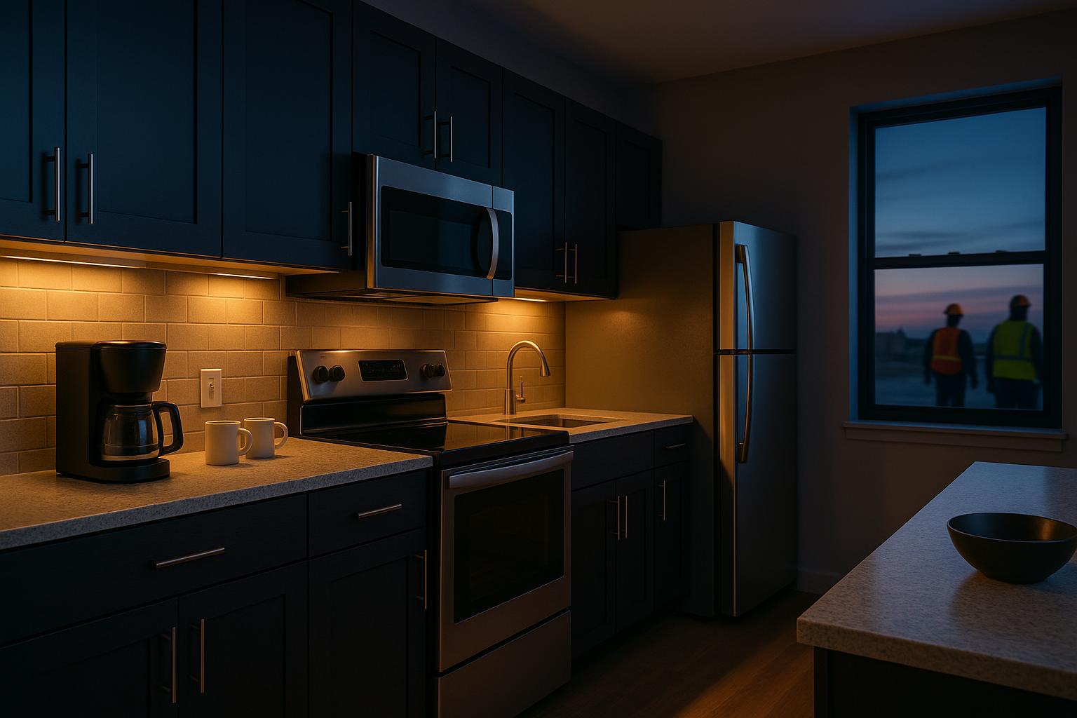 Full kitchen in an extended-stay unit with modern appliances and a coffee station