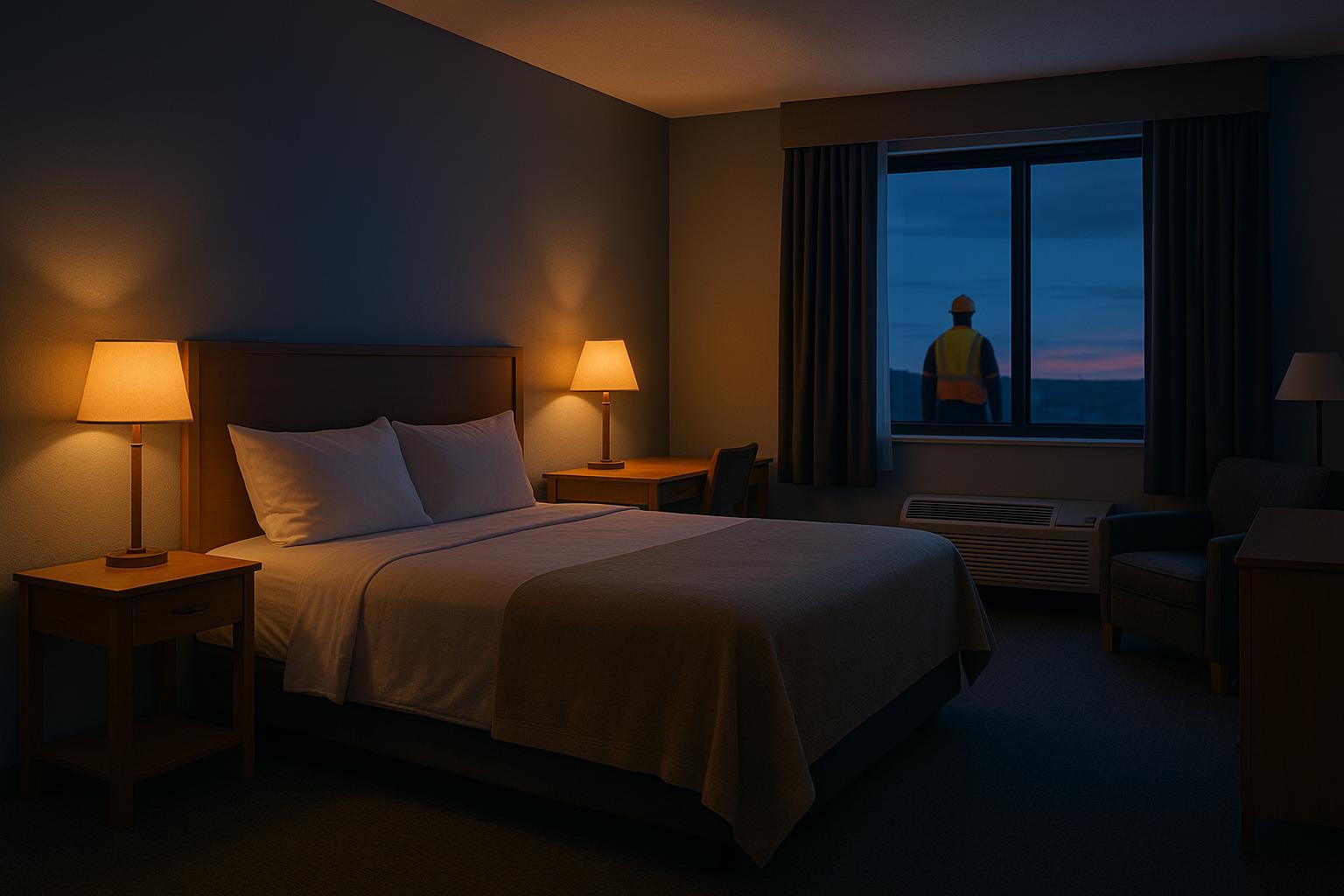 Clean, comfortable furnished crew suite with a quality bed, desk, and warm lamp light