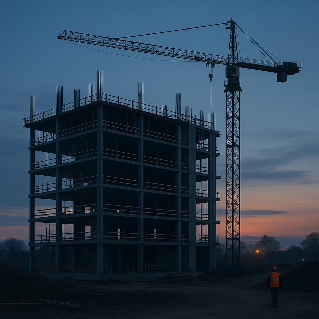 Large commercial construction project with a concrete structure rising at dawn
