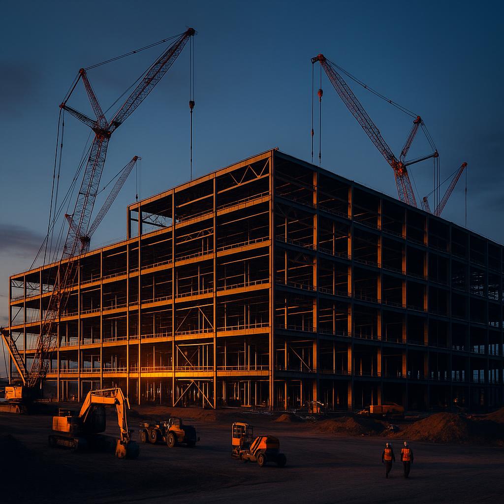 Hyperscale data center under construction with steel framing and cranes