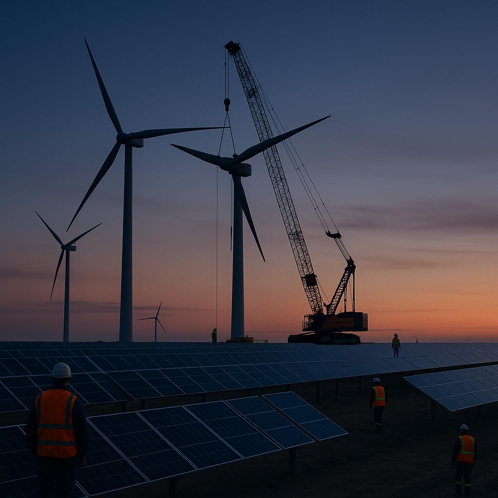 Wind and solar energy installation under construction with hi-vis workers in the distance