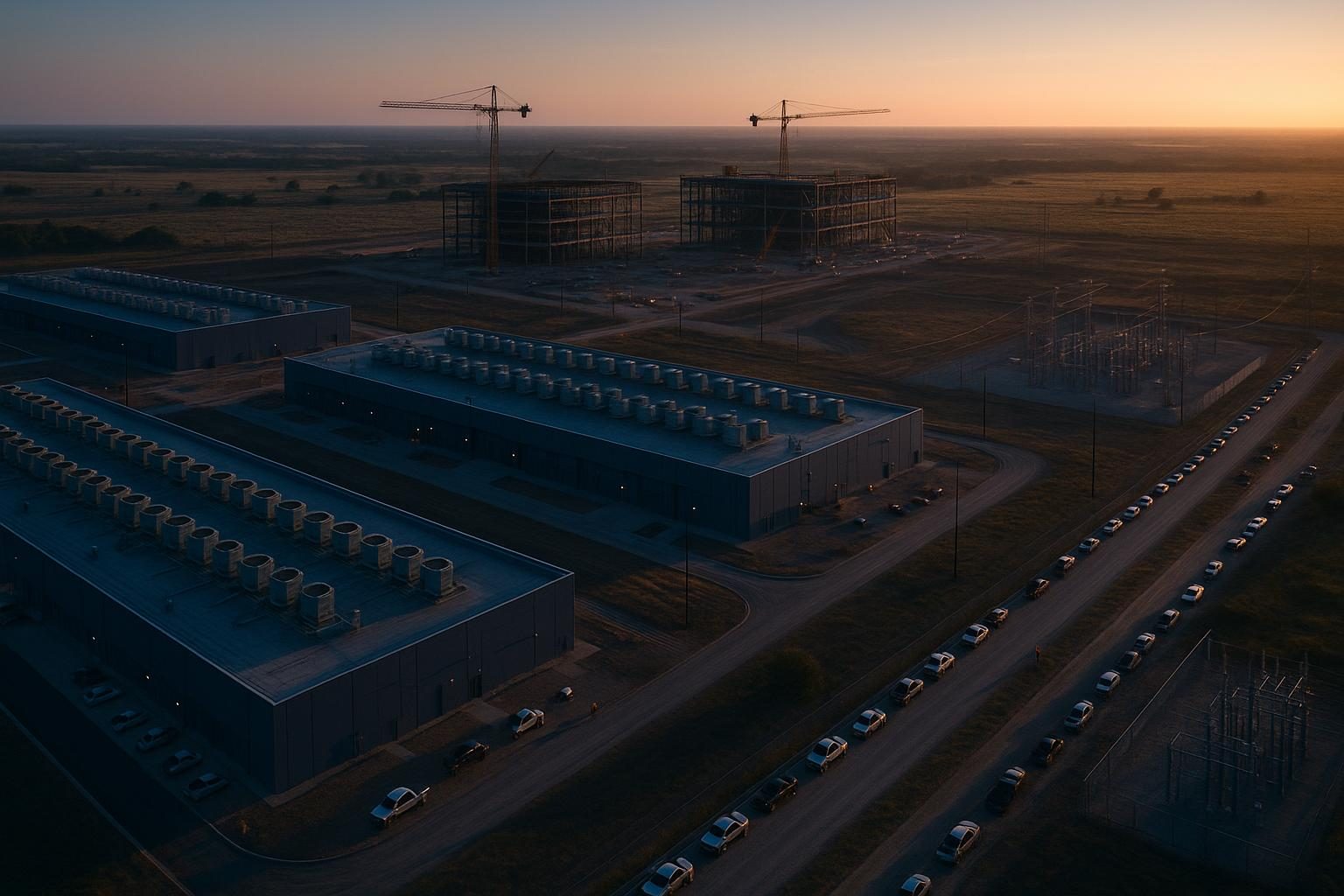 Aerial view of a data center campus at dawn with finished buildings beside others still in steel
