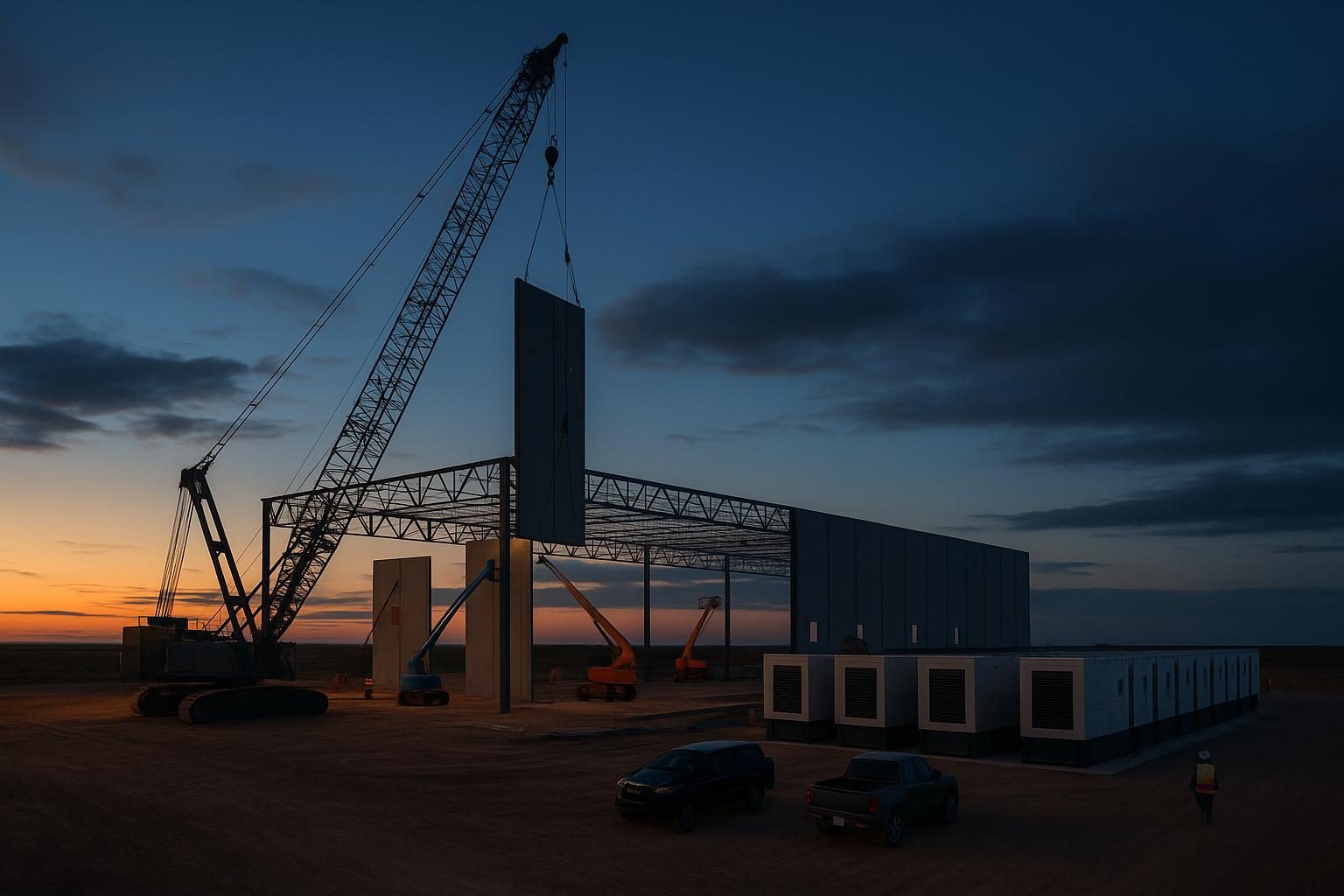 Precast panels being craned into place on a data center hall under construction on open plains