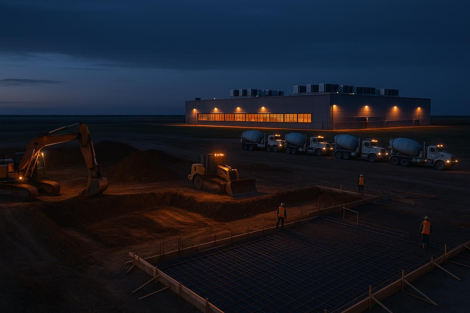 Earthwork and foundations for a data center expansion beside a completed, lit data hall