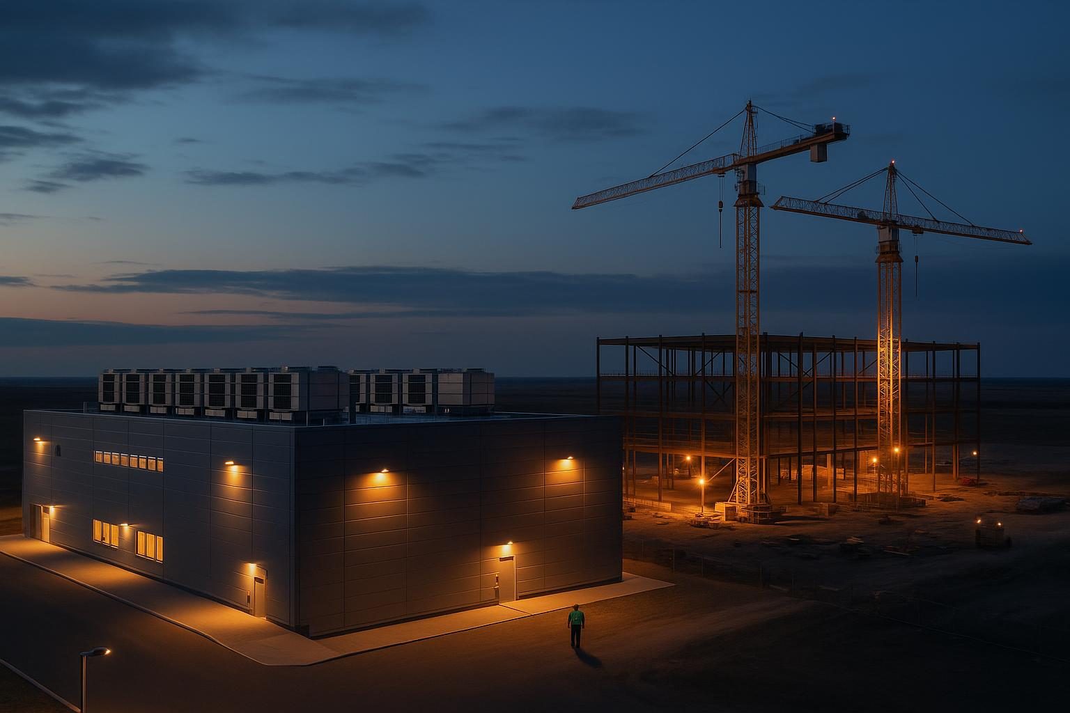 An operating data center building at dusk with the next phase rising in steel beside it